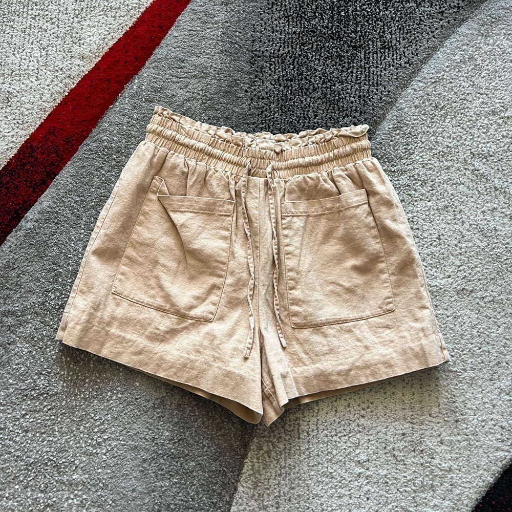 7 For All Mankind Tan Linen Blend Paperbag Waist Shorts